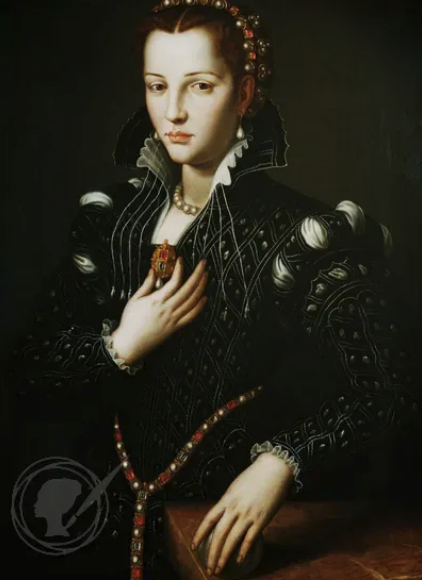 Image of a marriage portrait, painted by Agnolo Bronzino, of Lucrezia di'Medici, (14 February 1545 – 21 April 1561) who was a member of the House of Medici and Duchess consort of Ferrara, Modena and Reggio from 1558 to 1561. Painted by Agnolo Bronzino. She wears a black velvet gown, a decorative head piece, golden pearls, and holds a jeweled object at her chest. 